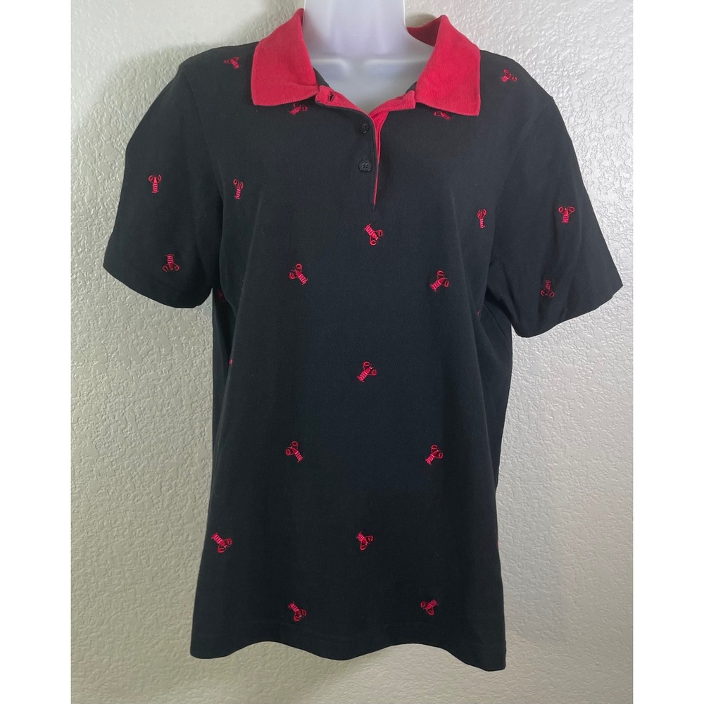Quacker Factory Womens Large Polo Shirt Black Red Lobster Embroidered Nautical